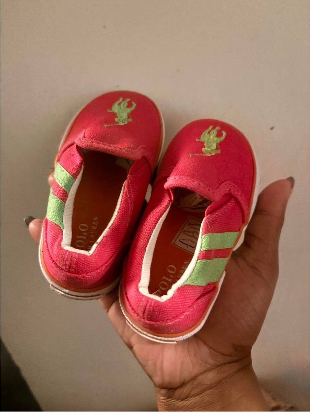 Polo by Ralph Lauren Pink Slip-On Kids Sneakers with Green Accents
